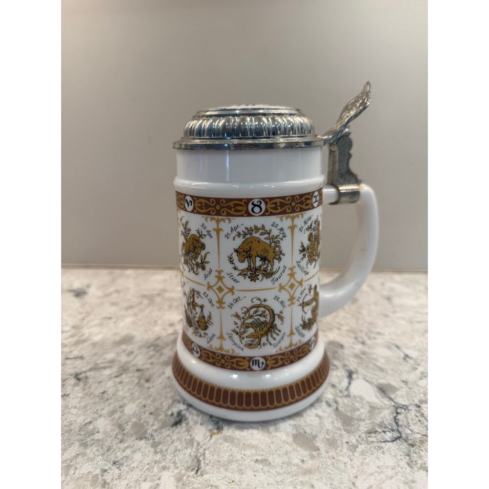 Vintage German BMF Lidded Beer Stein Milk Glass Zodiac Astrology Horoscope JL